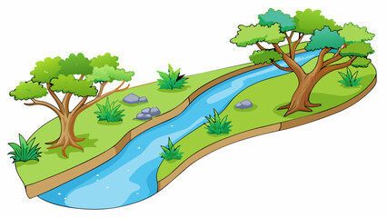 Poster - River branch A smaller stream that diverges from the main body of a larger river often surrounded by lush vegetation and hosting a diverse ecosystem.. Cartoon Vector.