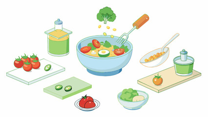 Poster - Salad Prep Begin by washing and drying all vegetables thoroughly. Chop lettuce or greens into bitesized pieces and place in a large mixing bowl. Slice. Cartoon Vector.