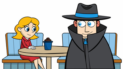 Aufkleber - She couldnt help but steal a glance at the mysterious stranger sitting across the caf�. He wore a black hat and a long dark coat concealing most of. Cartoon Vector.