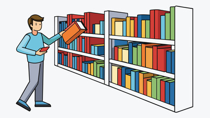 Fototapete - Scanning a crowded library shelf for a specific book by its title. Characteristics rectangular shape printed text on spine varying sizes and colors. Cartoon Vector.