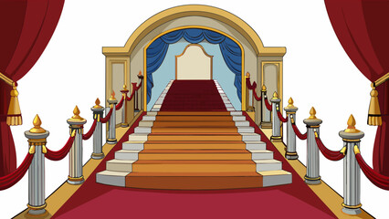Poster - Regal and Luxurious A grand staircase with intricate goldembellished railings leading up to a chandelierfilled ballroom with velvet curtains and. Cartoon Vector.