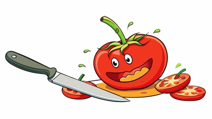 Poster - Slowly ting a ripe tomato into thin slices with a sharp knife ensuring each slice is evenly sized and not squished. The tomato is characterized by its. Cartoon Vector.
