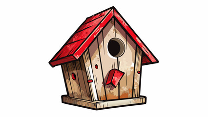 Poster - Sitting on the windowsill is a wooden birdhouse weathered by time and the elements. The red paint is faded and there are a few holes where birds have. Cartoon Vector.