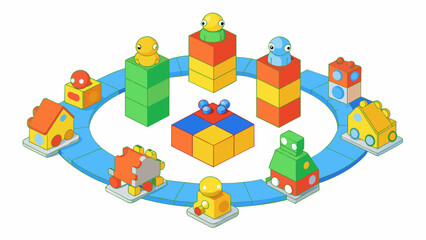 Poster - Spread out on the living room carpet there are a collection of toys arranged in a circle. They range from small plastic animals to large building. Cartoon Vector.