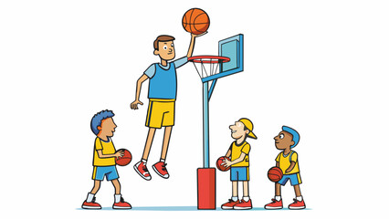 Poster - Standing at over six feet tall the basketball player easily towered over his teammates on the court. He moved with grace and power effortlessly. Cartoon Vector.