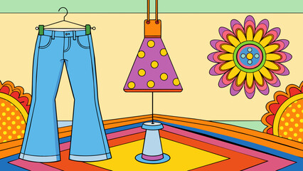 Fototapete - The 1970s were all about peace love and flower power. The objects in this illustration represent the hippie culture of the decade with tiedye shirts. Cartoon Vector.