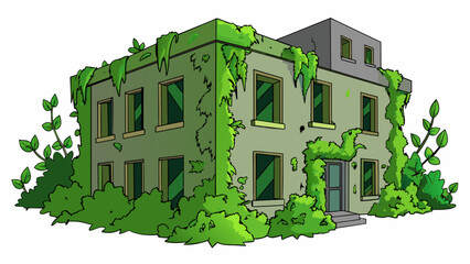 Fototapete - The abandoned building was completely covered in vines the green tendrils snaking their way through every crevice and crack. The walls and windows. Cartoon Vector.