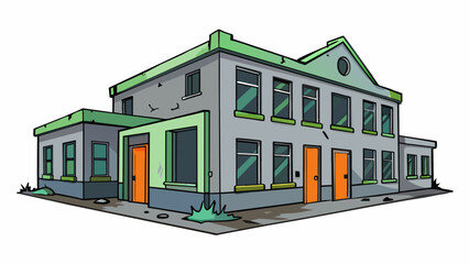 Poster - The abandoned building had a worn and faded grey paint on its walls a stark contrast to the bright colors of the neighboring buildings.. Cartoon Vector.
