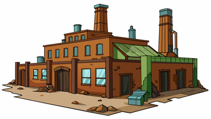 Poster - The abandoned factory was a stark and eerie sight with severe rust and decay covering every surface.. Cartoon Vector.