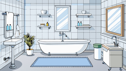Aufkleber - The bathroom is filled with sleek white fixtures a porcelain sink with shiny silver faucets a large bathtub with a silver showerhead and a pristine .. Cartoon Vector.