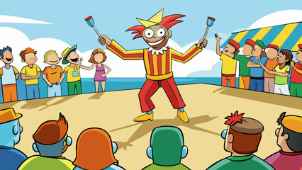 Poster - The beach was bustling with tourists all gathered around a street performer who was juggling knives. The performer was dressed in colorful clothes and. Cartoon Vector.