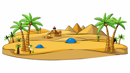 Poster - The beautiful desert landscape of Iraq with rolling sand dunes and tered palm trees. The sun beats down on the dry golden landscape and an occasional. Cartoon Vector.