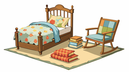Poster - The bedroom had a vintage feel with retro wallpaper featuring a floral pattern. In one corner there was a wooden rocking chair with a soft knitted. Cartoon Vector.