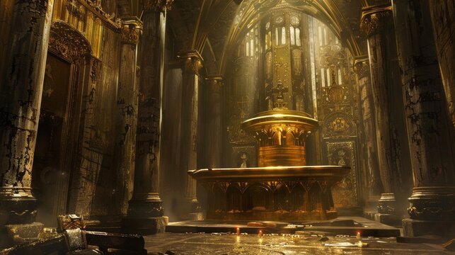 Golden church interior with altar and sunlight for religious or historical designs