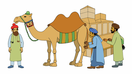 Poster - The camels eyes were dark and deep filled with a quiet intelligence. Its long graceful neck curved elegantly ending in a face with two dexterous lips. Cartoon Vector.
