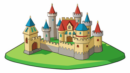 Fototapete - The castle loomed over the small village its enormous walls and tall turrets casting a shadow over the surrounding fields.. Cartoon Vector.
