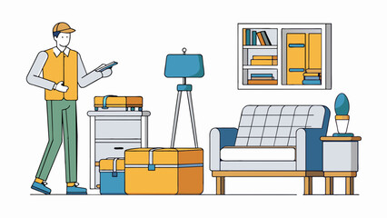 Fototapete - The buyer is a home decorator perusing a furniture store to redesign their living room. They are drawn to modern and minimalistic pieces with clean. Cartoon Vector.