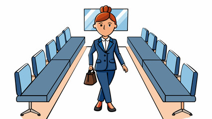 Poster - The CEO walked into the boardroom with a commanding presence showcasing her assertiveness in her tailored pantsuit and sleek high bun. Her sharp. Cartoon Vector.