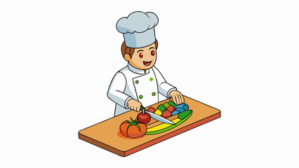 Aufkleber - The chef skillfully chopped the vegetables with quick precise movements creating a rainbow of colors on the ting board.. Cartoon Vector.