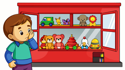 Poster - The child took a glance at the toy store window and immediately pressed his face against the glass. Inside a colorful display of stuffed animals and. Cartoon Vector.