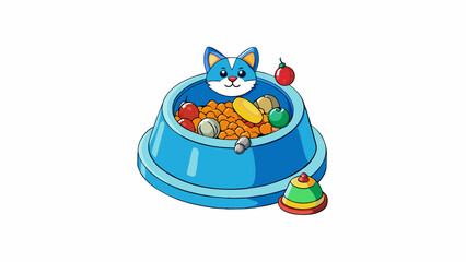 Poster - The cats water bowl was approachable hence it was always surrounded by various toys and treats that were within easy reach.. Cartoon Vector.