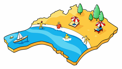 Poster - The coastline of Australia stretches for miles with crystal clear waters lapping at golden sandy beaches dotted with colorful beach umbrellas and. Cartoon Vector.