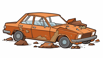Poster - The decaying remains of a rusted car sat in a desolate junkyard. The dented doors and shattered windows told the story of a vehicle that had been long. Cartoon Vector.