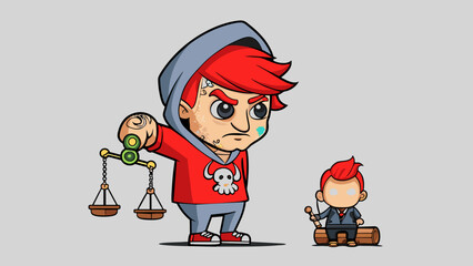 Canvas Print - The defendant nervously taps their foot on the ground as they fidget with the string of their hoodie. Their hair is dyed bright red and they have. Cartoon Vector.