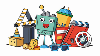 Fototapete - The current film industry trend is the use of nostalgic throwback elements with films featuring references to past eras and styles. Objects in this. Cartoon Vector.