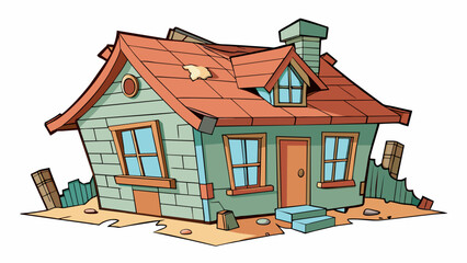 Canvas Print - The dilapidated crumbling house had broken windows and a sagging roof a sad sight that only drew sympathy from passersby.. Cartoon Vector.