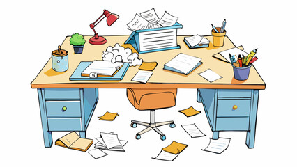 Poster - The desk was cluttered with scraps of paper covered in scribbled notes and ideas a reflection of the authors active mind and constant search for. Cartoon Vector.
