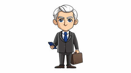 Poster - The defendant stands tall in a welltailored suit with slickedback silver hair and a stern expression on their face. They hold a leather briefcase in. Cartoon Vector.