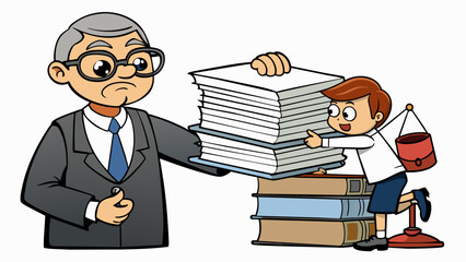 Fototapete - The defendants lawyer hands them a stack of papers to review which they do so intently with a furrowed brow. They are wearing thick black glasses and. Cartoon Vector.