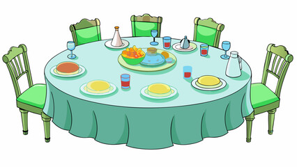 Fototapete - The family dinner table was always full and noisy with everyone gathered around it. The tablecloth was a faded green covered in stains from years of. Cartoon Vector.