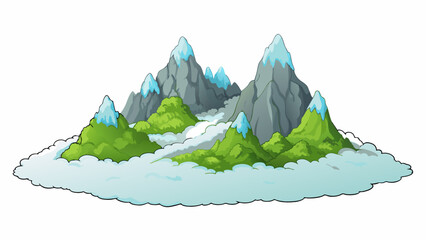 Fototapete - The entire mountain range was shrouded in thick fog making it almost impossible to see the jagged peaks and rocky slopes that lay beneath.. Cartoon Vector.