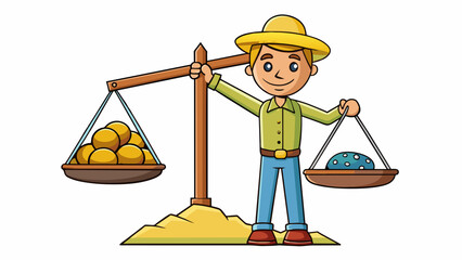Fototapete - The farmer reckoned the weight of the sack of grain by balancing it on the other end of the scale with rocks until it was level.. Cartoon Vector.