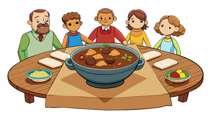Poster - The family gathered around the rustic wooden table adorned with mismatched vintage plates and colorful cloth napkins. In the center a large ceramic. Cartoon Vector.
