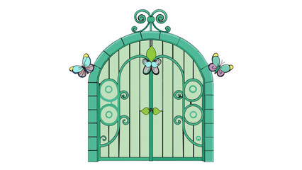 Leinwandbilder - The final gate is a romantic garden gate with a curved top and wrought iron design of flowers and butterflies. The gate is painted in a soft pastel. Cartoon Vector.