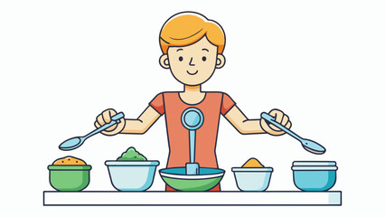 Fototapete - The fourth illustration shows a person using measuring cups and ss to portion out their meals highlighting the importance of portion control and. Cartoon Vector.