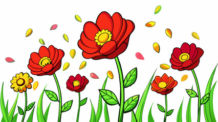 Aufkleber - The flowers in the garden are currently swaying gently in the breeze their petals a vibrant mix of red and yellow.. Cartoon Vector.