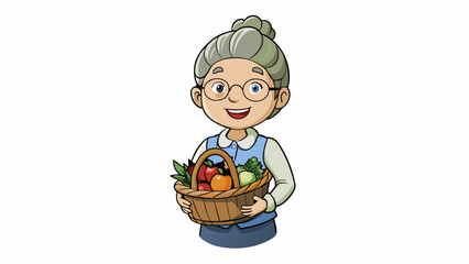 Aufkleber - The fourth visitor was a middleaged woman with grey hair tied back neatly in a bun. She was carrying a woven basket filled with produce from her. Cartoon Vector.