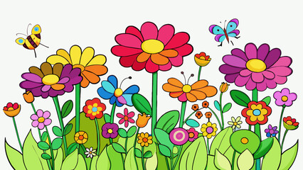 Fototapete - The garden was a sight to behold with vibrant flowers of all colors blooming in perfect symmetry. The buzzing of bees and fluttering of butterflies. Cartoon Vector.