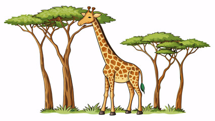 Fototapete - The giraffes long neck stretched to an incredible height allowing it to reach the leaves at the top of the tall trees in the savannah. Its spotty coat. Cartoon Vector.