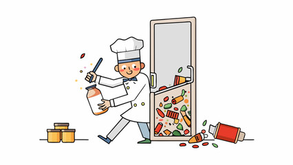 Canvas Print - The impatient chef impatiently yanked open the pantry doors causing bottles and jars to fall out and shatter on the floor creating a mess of broken. Cartoon Vector.