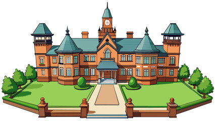 Fototapete - The institute is a historic Victorian mansion with sprawling gardens and a grand entrance. The interior is filled with ornate details such as. Cartoon Vector.