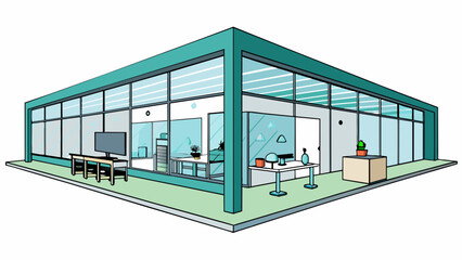 Poster - The institute is a modern glass structure with sleek lines and a minimalist design. The interior is filled with open spaces and geometric furniture.. Cartoon Vector.