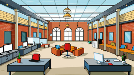 Fototapete - The institute is a repurposed warehouse with exposed brick walls and high ceilings. The main area is a bustling openconcept workspace with rows of. Cartoon Vector.