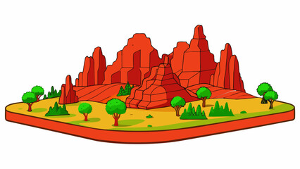 Poster - The iconic outback of Australia is a sweeping landscape of red desert with rugged rock formations resembling towering giants and small bushes and. Cartoon Vector.