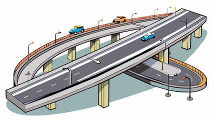 Fototapete - The interstate was a busy network of intersecting roads with overpasses and underpasses allowing for smooth flow of traffic. The pavement was a dull. Cartoon Vector.