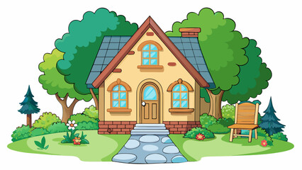 Fototapete - The institute is a small quaint cottage nestled in the middle of a green forest. The front yard is filled with colorful flowers and a stone pathway. Cartoon Vector.